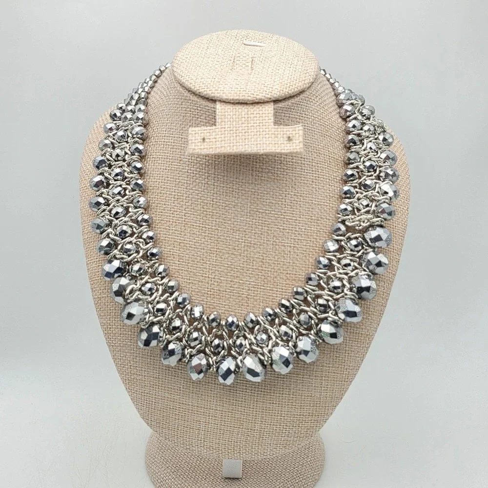 Vintage CHARMING CHARLIE Bib Collar Necklace Facet Glass Beads Gunmetal Gray 18